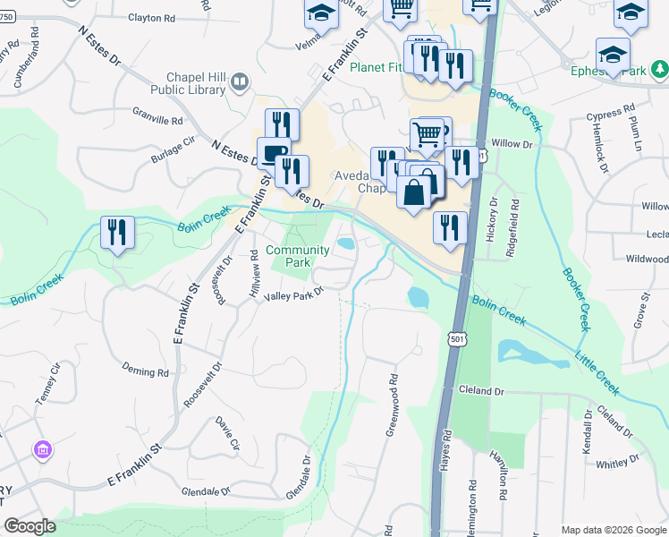map of restaurants, bars, coffee shops, grocery stores, and more near Shepherd Lane in Chapel Hill