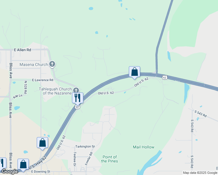 map of restaurants, bars, coffee shops, grocery stores, and more near 17459 South Old Highway 62 in Tahlequah