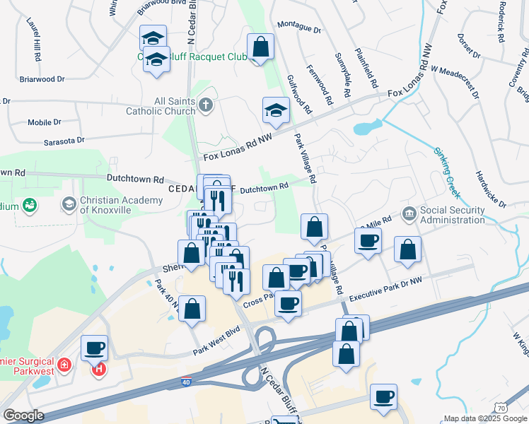 map of restaurants, bars, coffee shops, grocery stores, and more near 9100-9198 Dunbarton Lane in Knoxville