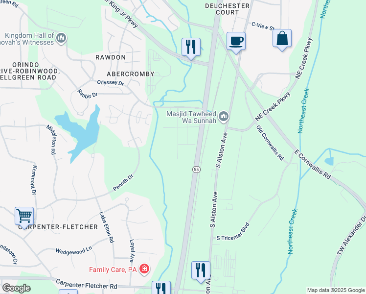 map of restaurants, bars, coffee shops, grocery stores, and more near Crater Lake Way in Durham