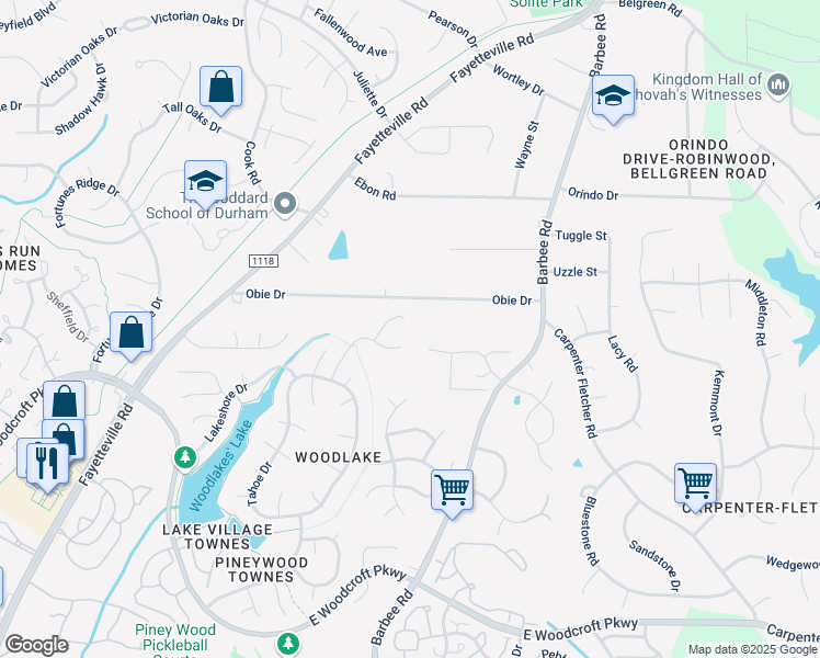map of restaurants, bars, coffee shops, grocery stores, and more near 20 Dardanelle Lane in Durham