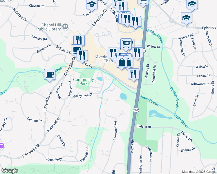 map of restaurants, bars, coffee shops, grocery stores, and more near 130 Estes Drive in Chapel Hill