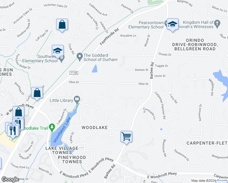 map of restaurants, bars, coffee shops, grocery stores, and more near 20 Dardanelle Lane in Durham