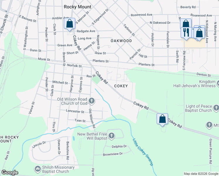 map of restaurants, bars, coffee shops, grocery stores, and more near 1230 Cokey Rd in Rocky Mt