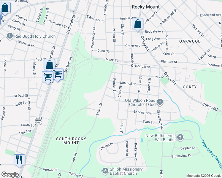 map of restaurants, bars, coffee shops, grocery stores, and more near 503 Midway Street in Rocky Mount
