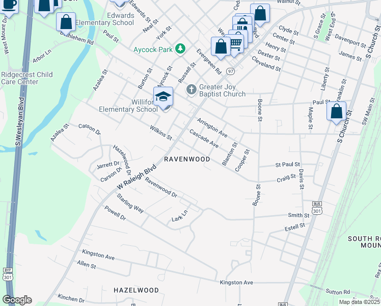 map of restaurants, bars, coffee shops, grocery stores, and more near 1612 Betz Street in Rocky Mount