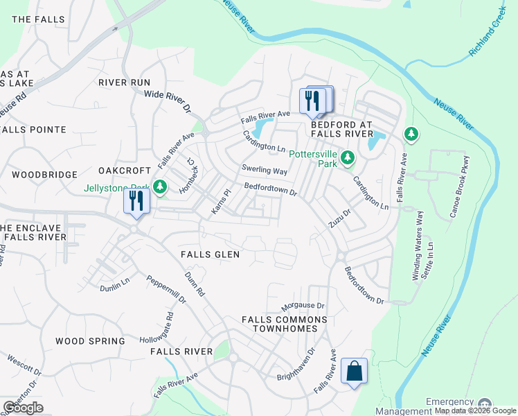 map of restaurants, bars, coffee shops, grocery stores, and more near 10571 Evergreen Spring Place in Raleigh