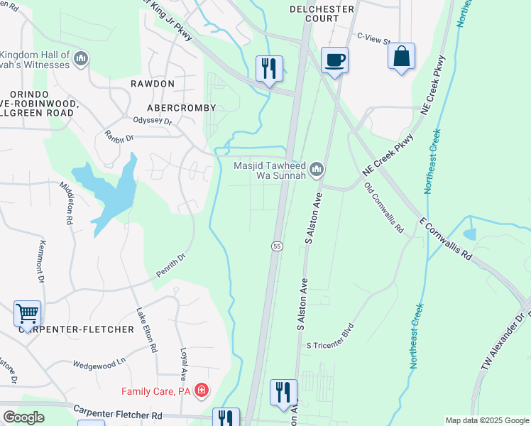 map of restaurants, bars, coffee shops, grocery stores, and more near 3614 North Carolina 55 in Durham