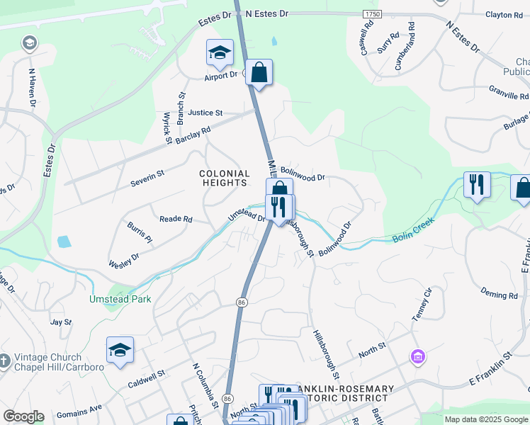 map of restaurants, bars, coffee shops, grocery stores, and more near 100A Umstead Drive in Chapel Hill