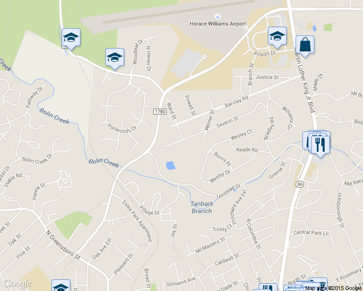 map of restaurants, bars, coffee shops, grocery stores, and more near 601 Weiner Street in Chapel Hill