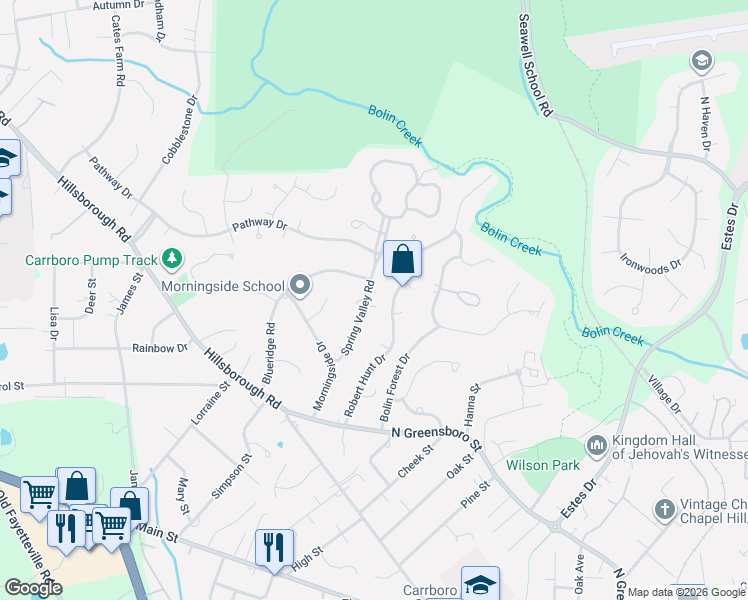 map of restaurants, bars, coffee shops, grocery stores, and more near 116 Spring Valley Road in Carrboro