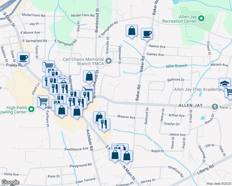 map of restaurants, bars, coffee shops, grocery stores, and more near 104 Thomas Street in Archdale