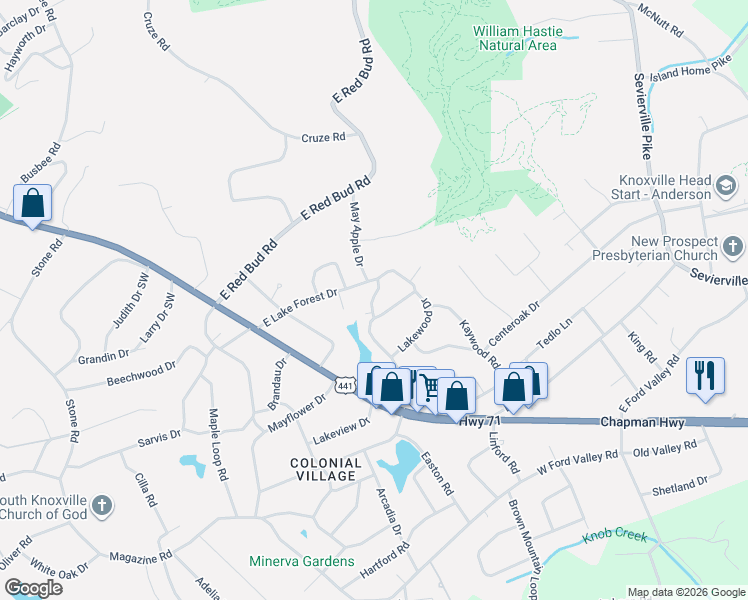 map of restaurants, bars, coffee shops, grocery stores, and more near 616 Lake Forest Drive in Knoxville