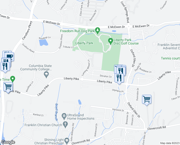 map of restaurants, bars, coffee shops, grocery stores, and more near 1413 Decatur Circle in Franklin