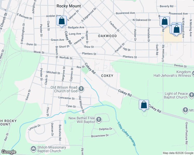 map of restaurants, bars, coffee shops, grocery stores, and more near 1230 Cokey Rd in Rocky Mt