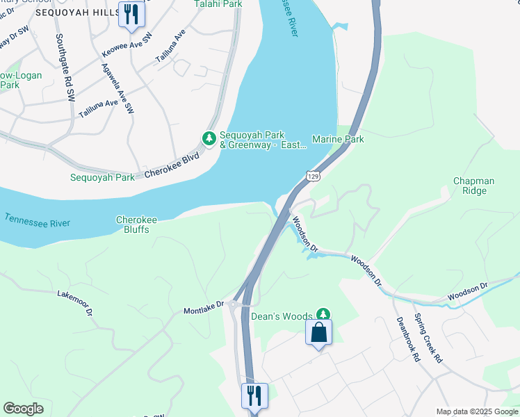 map of restaurants, bars, coffee shops, grocery stores, and more near 2419 Alcoa Highway in Knoxville