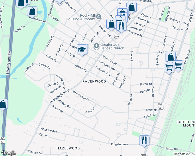 map of restaurants, bars, coffee shops, grocery stores, and more near 609 Nelson Street in Rocky Mount