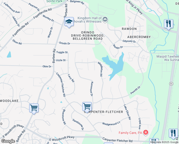 map of restaurants, bars, coffee shops, grocery stores, and more near 5313 Silkwood Drive in Durham