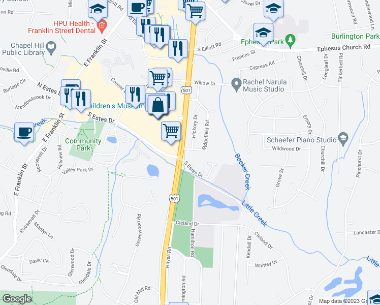 map of restaurants, bars, coffee shops, grocery stores, and more near 441 Ridgefield Road in Chapel Hill