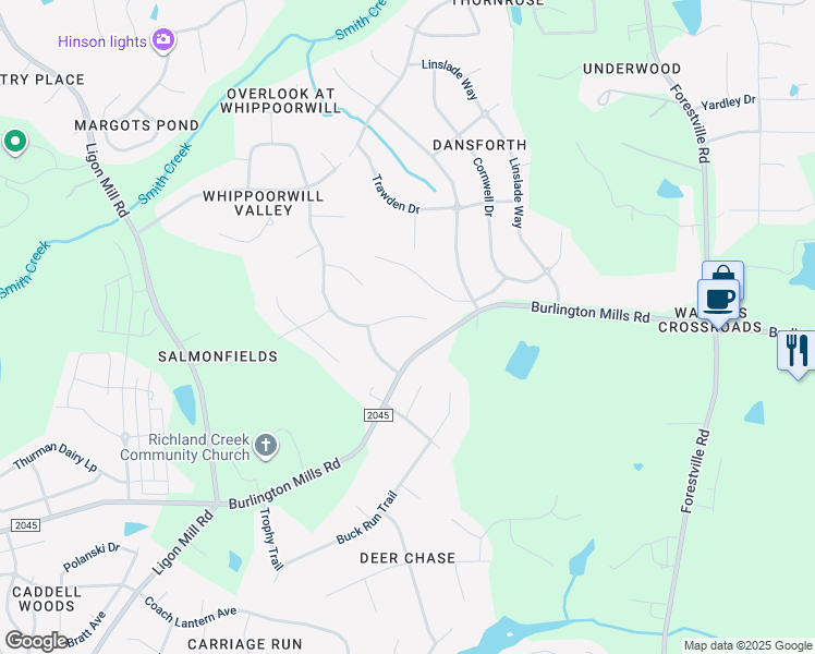 map of restaurants, bars, coffee shops, grocery stores, and more near 5317 Chimney Swift Drive in Wake Forest