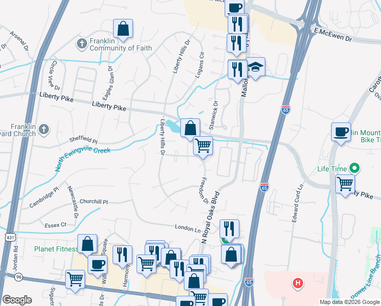 map of restaurants, bars, coffee shops, grocery stores, and more near 449 South Cardinal Court in Franklin