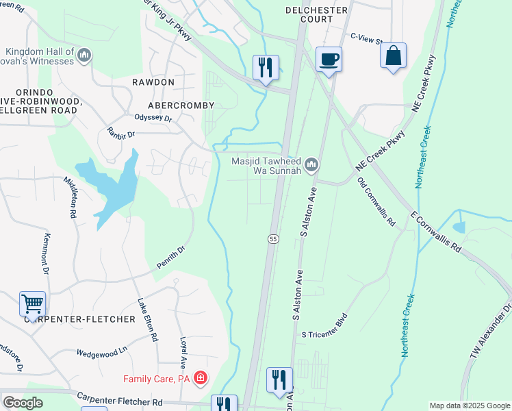 map of restaurants, bars, coffee shops, grocery stores, and more near 3614 North Carolina 55 in Durham