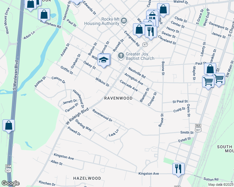 map of restaurants, bars, coffee shops, grocery stores, and more near 1612 Betz Street in Rocky Mount