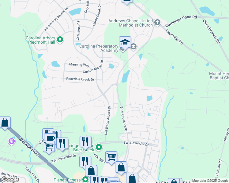 map of restaurants, bars, coffee shops, grocery stores, and more near 321 Acorn Hollow Place in Durham