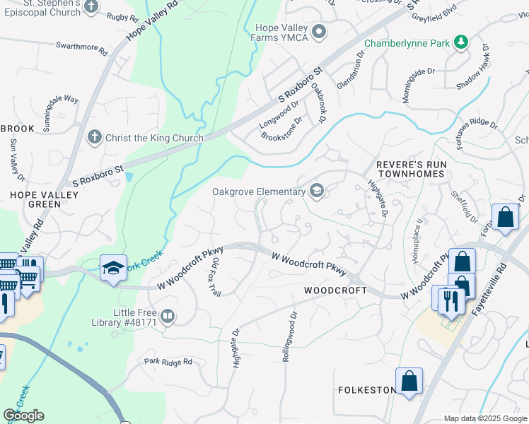 map of restaurants, bars, coffee shops, grocery stores, and more near 110 Timber Ridge Drive in Durham