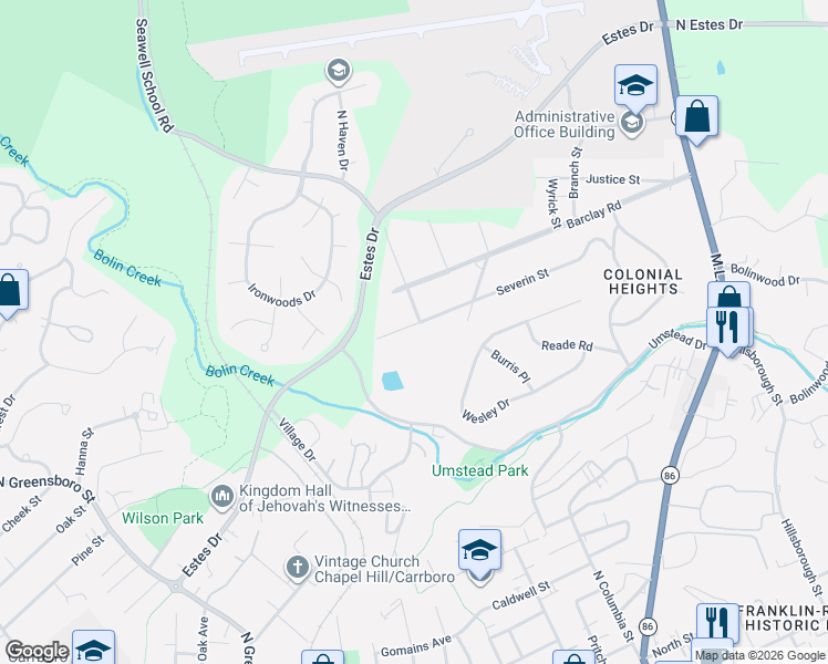 map of restaurants, bars, coffee shops, grocery stores, and more near 413 Severin Street in Chapel Hill