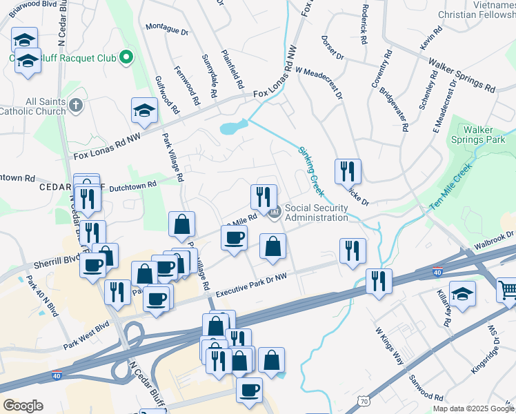 map of restaurants, bars, coffee shops, grocery stores, and more near 9031 Cross Park Drive in Knoxville