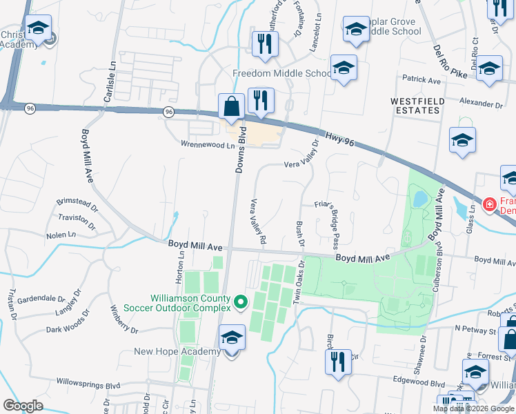 map of restaurants, bars, coffee shops, grocery stores, and more near 3174 Vera Valley Road in Franklin