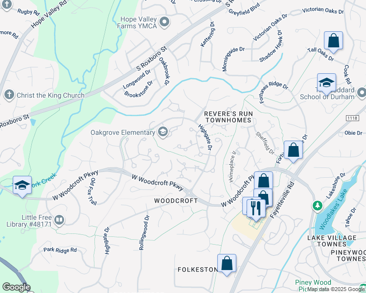 map of restaurants, bars, coffee shops, grocery stores, and more near 610 Windsong Lane in Durham