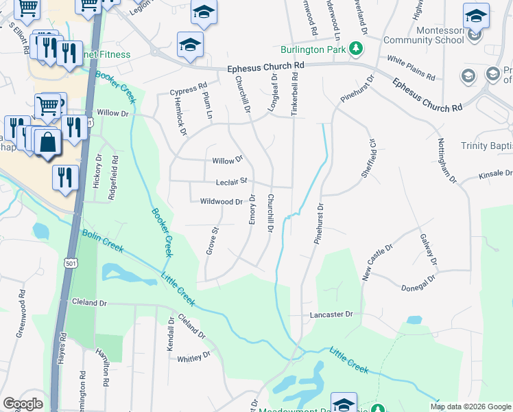 map of restaurants, bars, coffee shops, grocery stores, and more near 807 Emory Drive in Chapel Hill