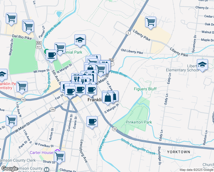 map of restaurants, bars, coffee shops, grocery stores, and more near 137 2nd Avenue South in Franklin