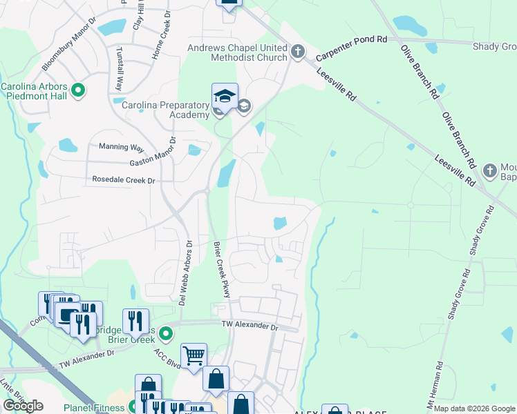 map of restaurants, bars, coffee shops, grocery stores, and more near 216 Silverhawk Lane in Durham