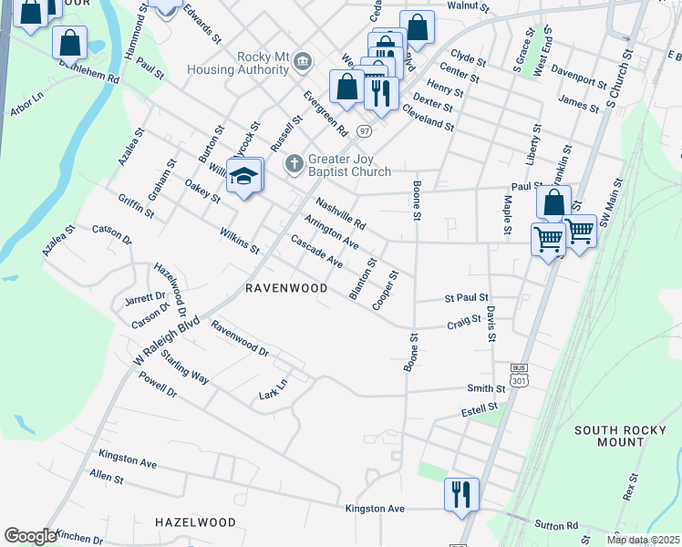 map of restaurants, bars, coffee shops, grocery stores, and more near 517 Cascade Avenue in Rocky Mount