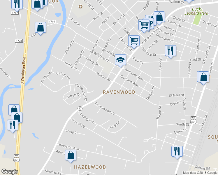 map of restaurants, bars, coffee shops, grocery stores, and more near 1622 West Raleigh Boulevard in Rocky Mount