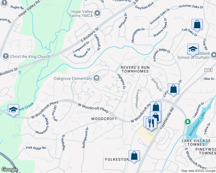 map of restaurants, bars, coffee shops, grocery stores, and more near 610 Windsong Lane in Durham