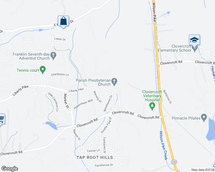 map of restaurants, bars, coffee shops, grocery stores, and more near 1257 Habersham Way in Franklin