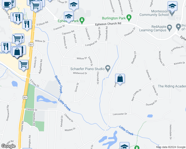 map of restaurants, bars, coffee shops, grocery stores, and more near 807 Emory Drive in Chapel Hill