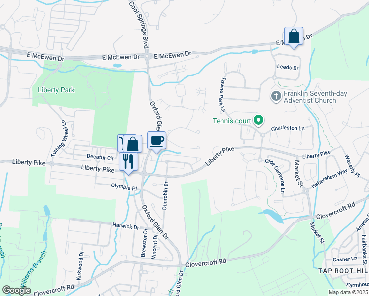 map of restaurants, bars, coffee shops, grocery stores, and more near 1011 Buddleia Lane in Franklin