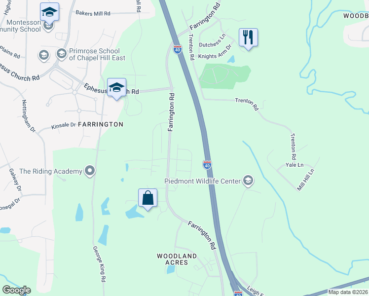 map of restaurants, bars, coffee shops, grocery stores, and more near 5109 Farrington Road in Chapel Hill