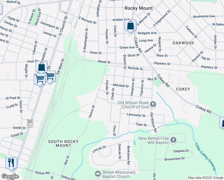 map of restaurants, bars, coffee shops, grocery stores, and more near 1316 Clark Street in Rocky Mount