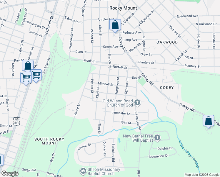 map of restaurants, bars, coffee shops, grocery stores, and more near 1324 Hargrove Street in Rocky Mount