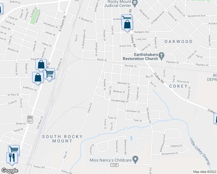map of restaurants, bars, coffee shops, grocery stores, and more near 1314 Clark Street in Rocky Mount