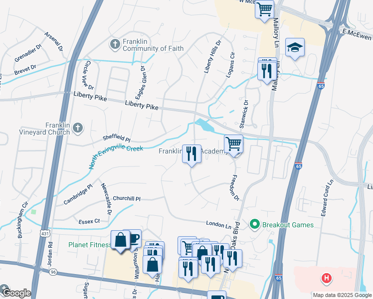 map of restaurants, bars, coffee shops, grocery stores, and more near 204 Freedom Court in Franklin