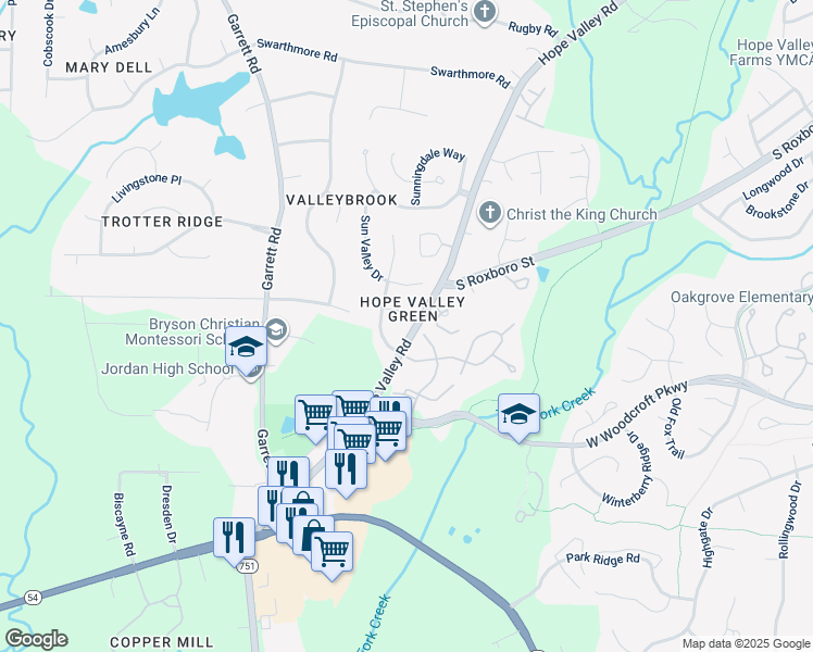 map of restaurants, bars, coffee shops, grocery stores, and more near 6 Summertime Court in Durham