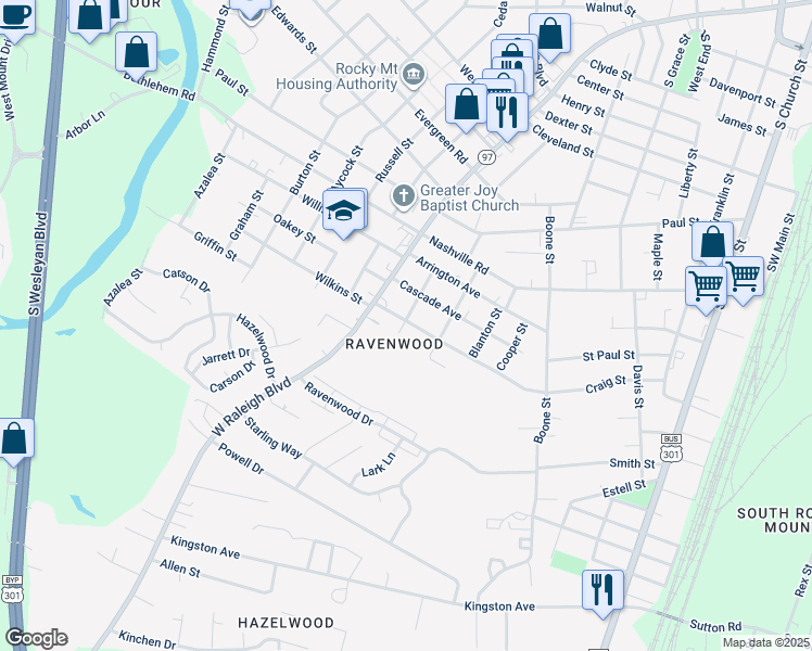 map of restaurants, bars, coffee shops, grocery stores, and more near 1601 Betz Street in Rocky Mount
