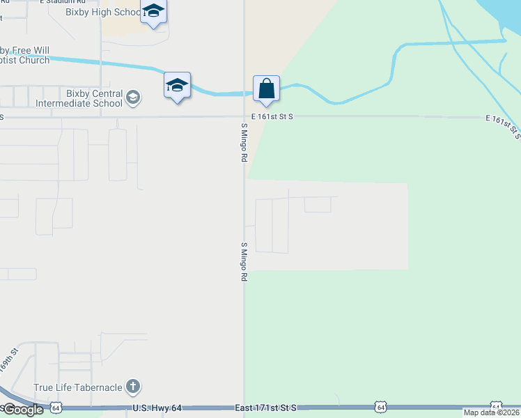 map of restaurants, bars, coffee shops, grocery stores, and more near 16455 South 97th East Place in Bixby